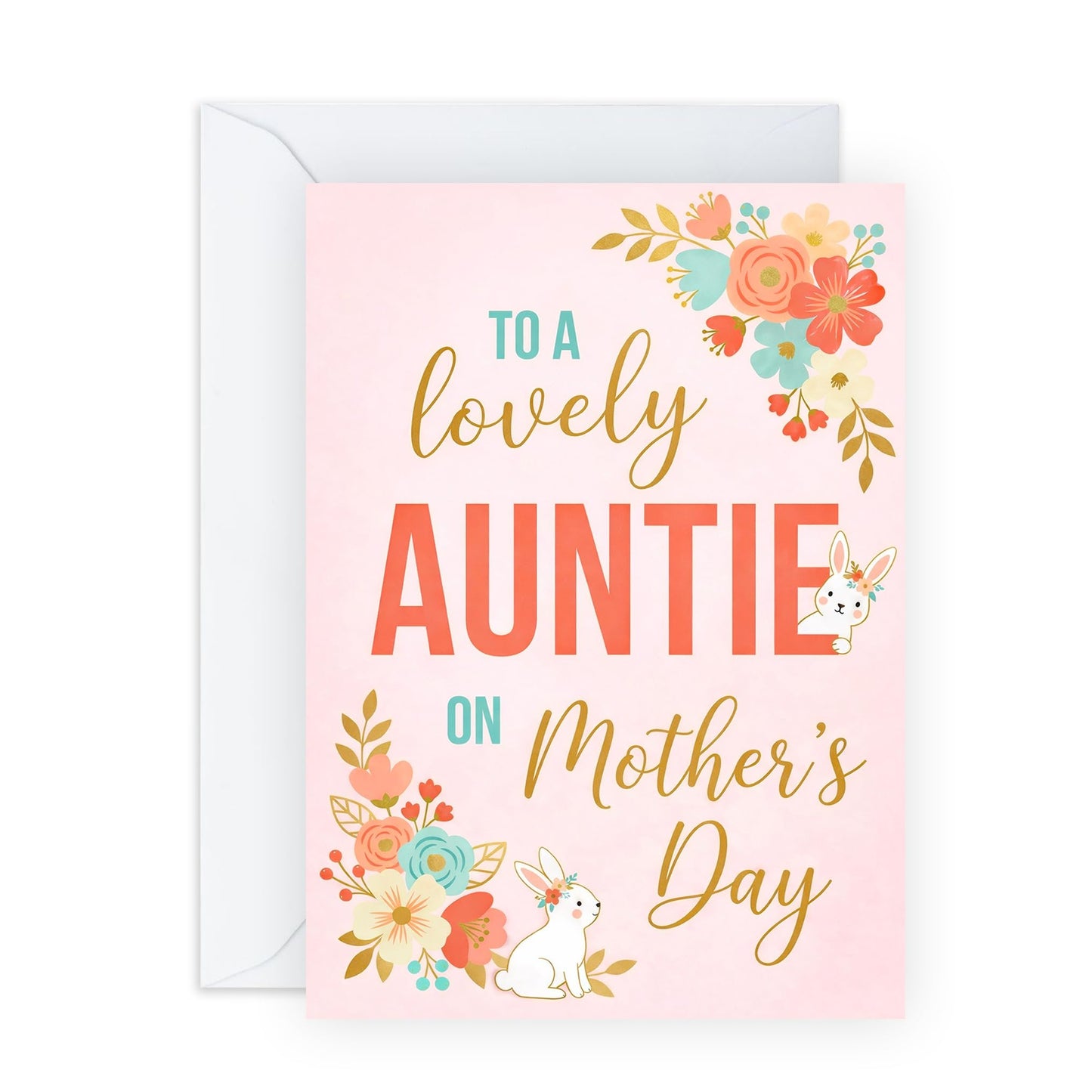 Auntie Mother’s Day Card – Lovely Auntie Floral Bunny Greeting for Aunt Her Family From Niece Nephew Family – Cute Pastel Keepsake Greeting - Comes with Cute Stickers