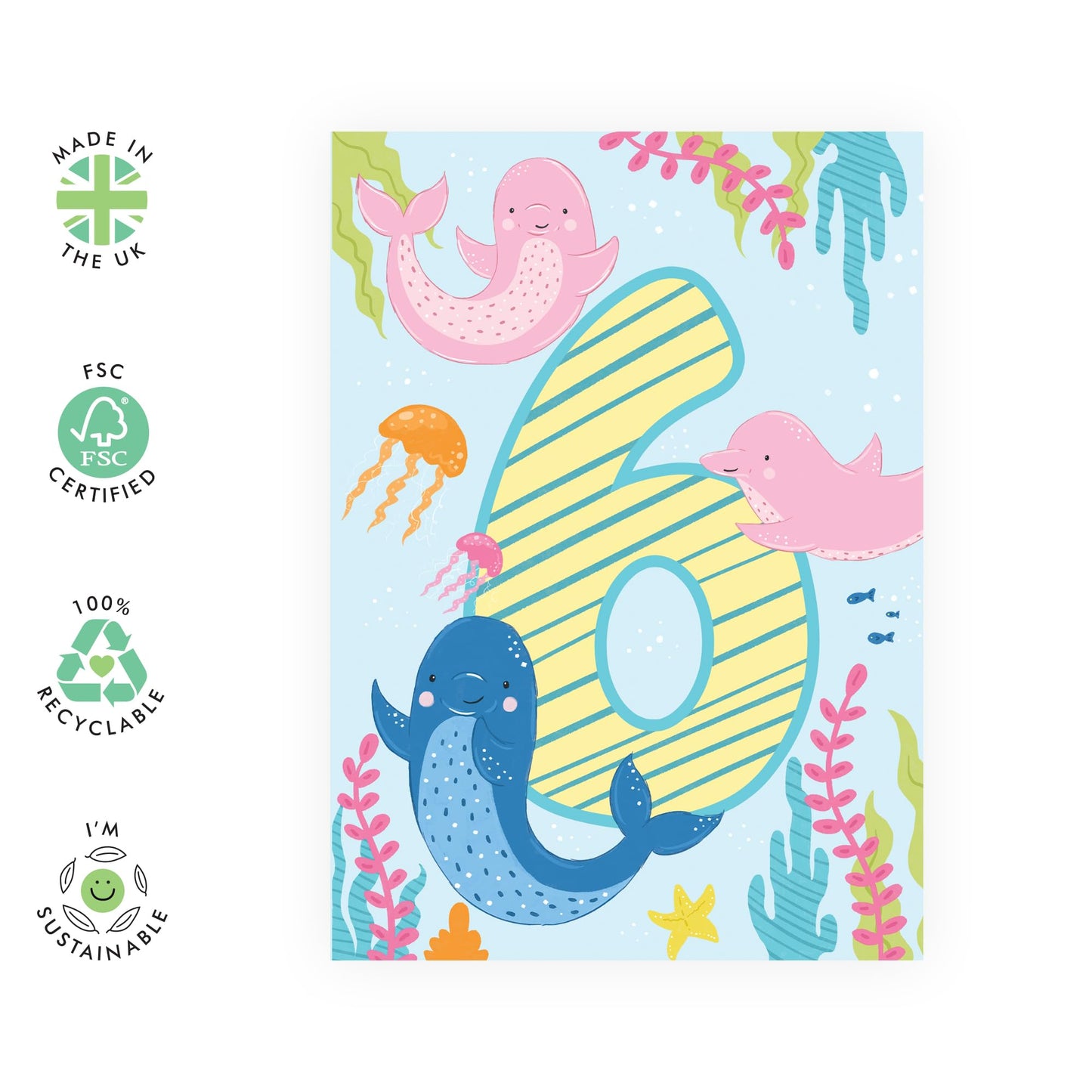 6th Birthday Card Girl Boy - Cute Dolphins Pink Blue Green - Sixth Birthday Card - Milestone Kids Age Card - Six Year Old Gifts For Toddler - Comes With Fun Stickers By Central 23