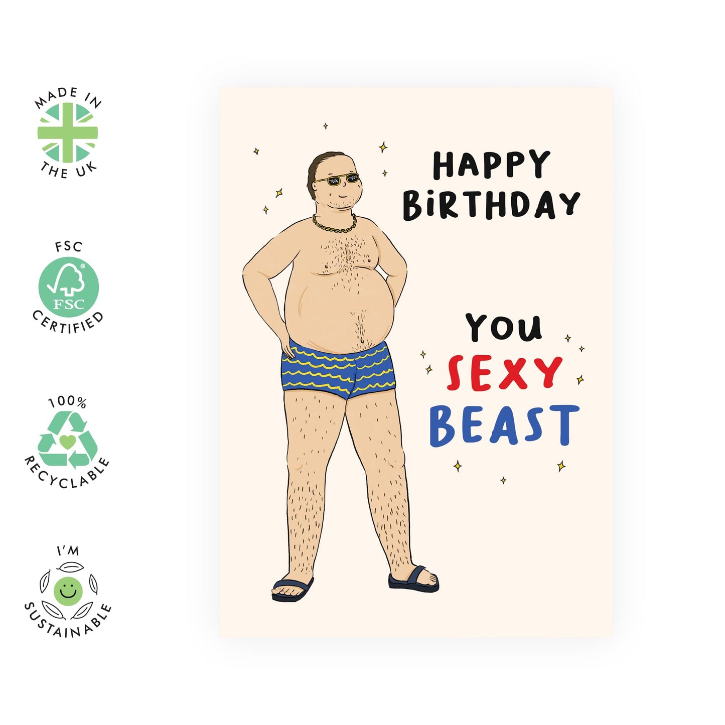 Funny Birthday Card for Him – "Sexy Beast" – Hilarious Gifts for Husband, Boyfriend, Brother, Dad, Sibling, Babe, Spouse, Partner, Uncle or Friends – Cheeky Design- Comes with Fun Stickers
