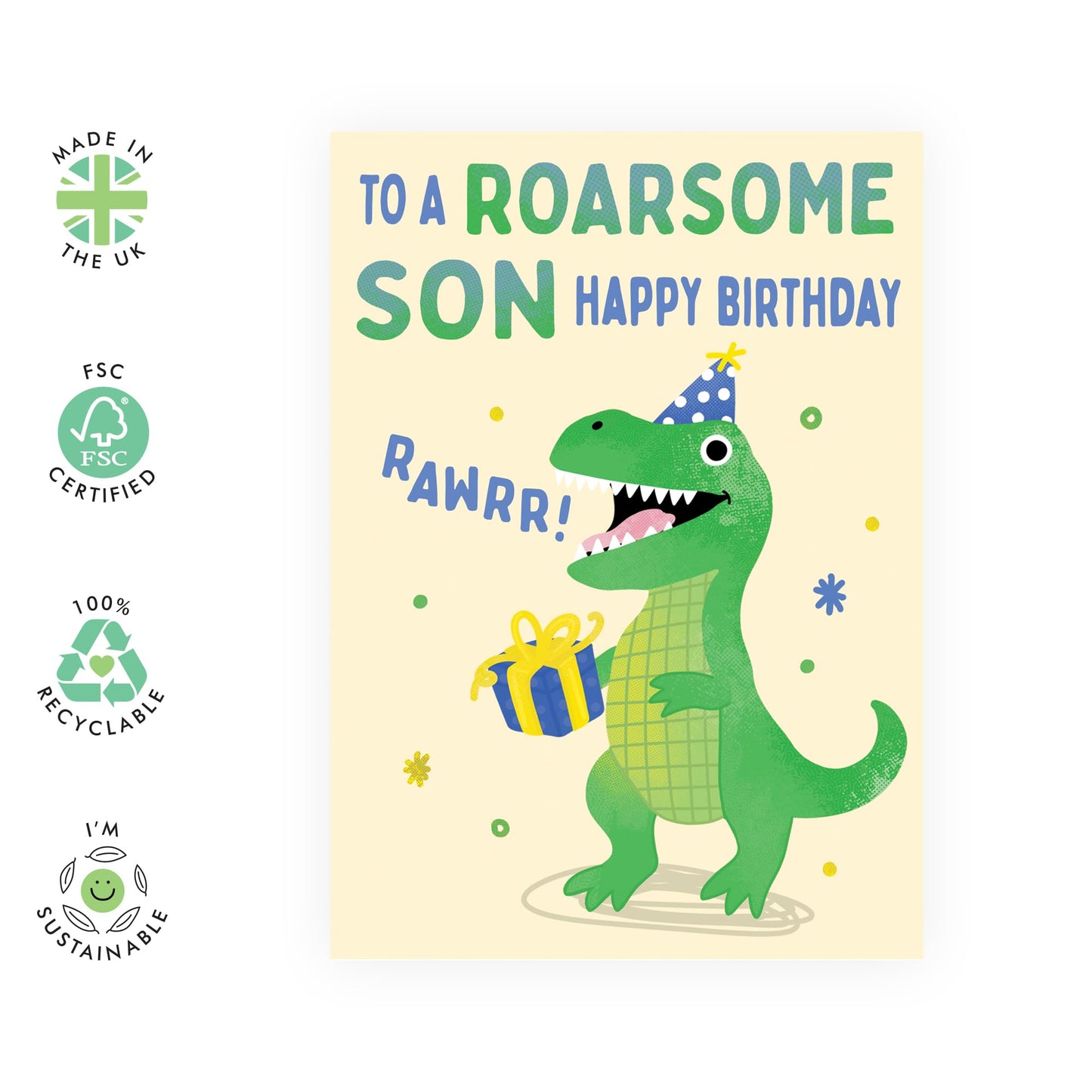 Cute Dinosaur Birthday Card - 'Roarsome Son' - Gifts for Boys, Sons, Kids, Children, Family - Green Dino - Comes with Fun Stickers
