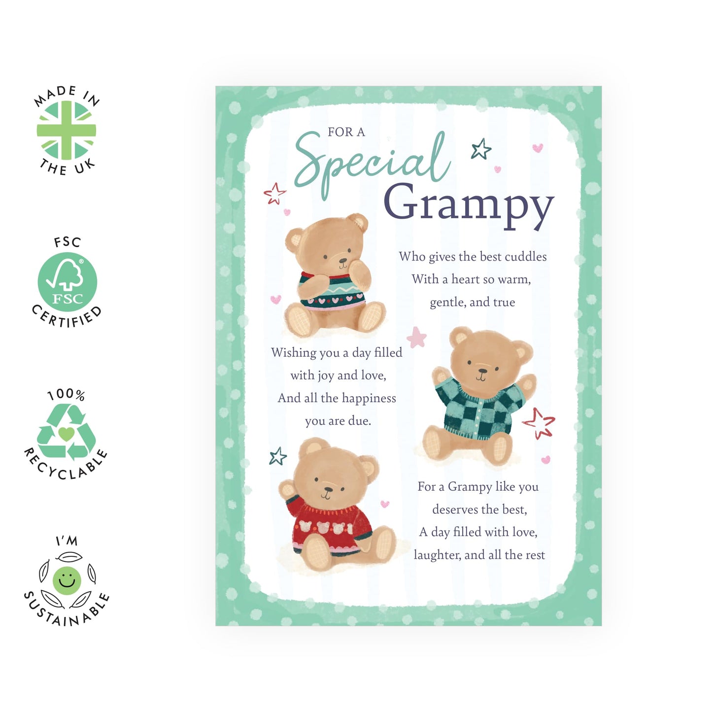 Grandfather's Sweet Greeting Card - 'Teddy Grampy' - Gifts for Grandad, Grandpa, Poppy, Gramps, Grampa - Cuddles For You - Comes with Fun Stickers