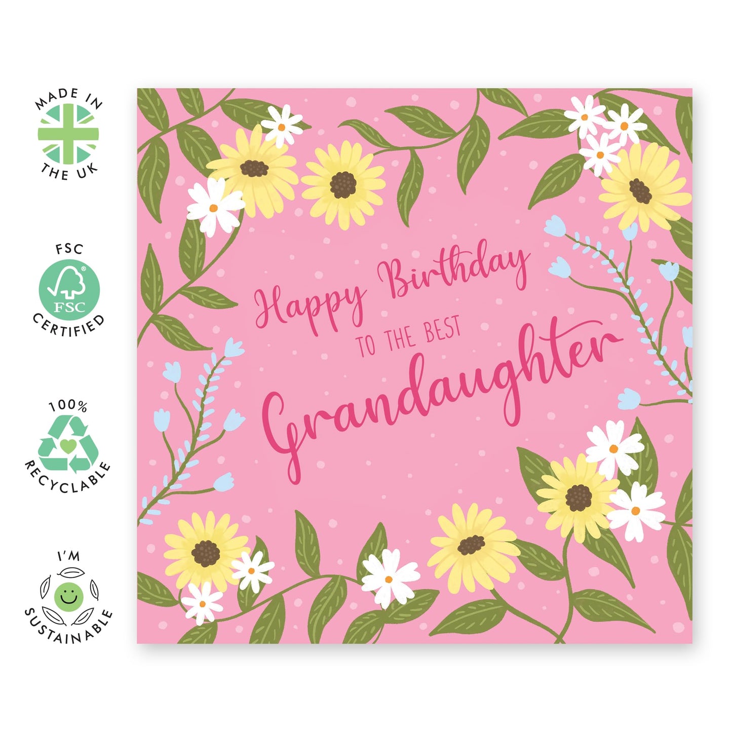 Sweet Birthday Card - 'Birthday Grandaughter' - Cute Gifts for Grandkids, Daughter, Girls, Children From Nana, Grandma, Grandmother - Pink and Flowers - Comes with Fun Stickers