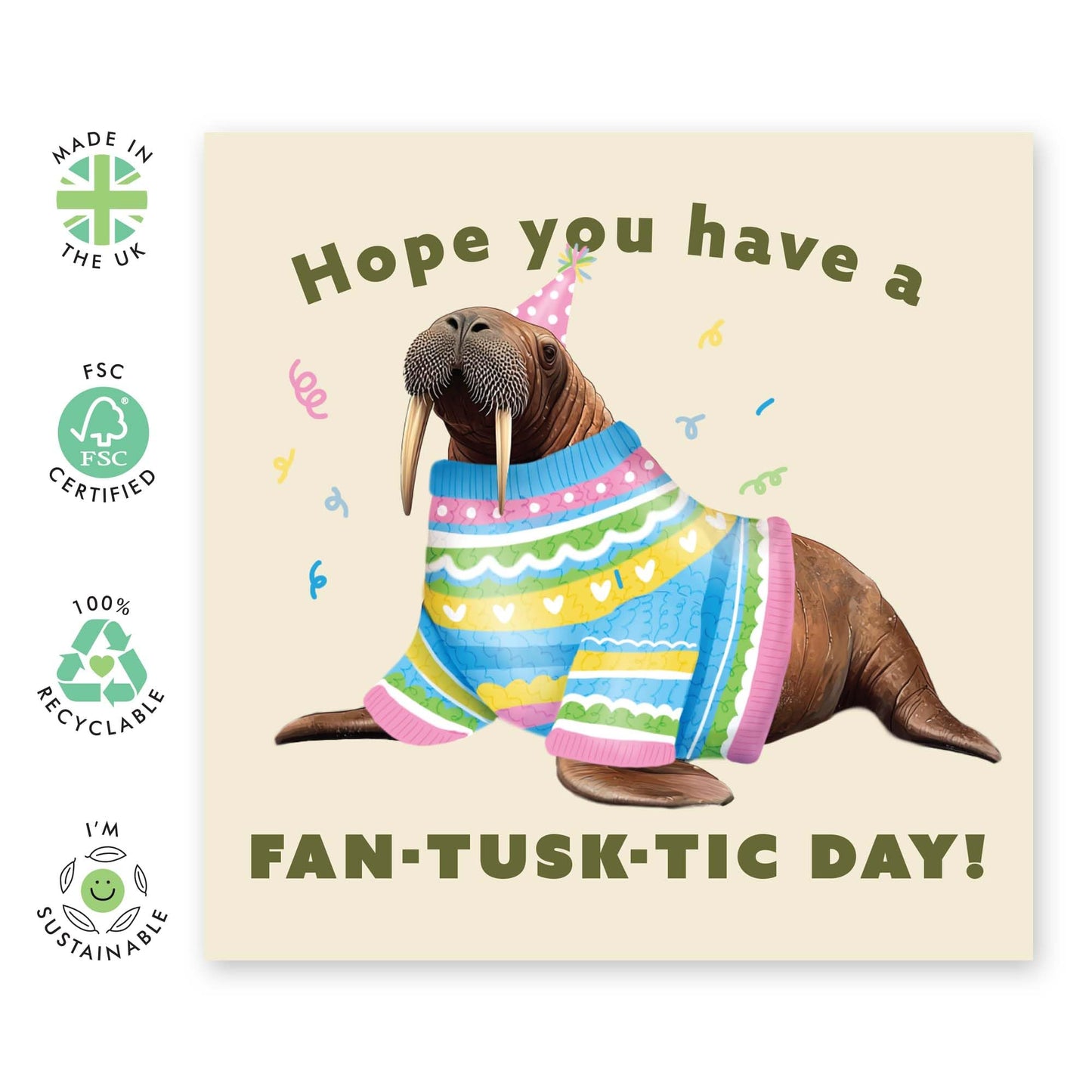 Girls Birthday Cards - Fan Tusk-tic Day - Pun - Walrus Birthday Card For Men Women - Funny Greeting Cards For Sister Niece Girlfriend Wife - Comes With Stickers - By Central 23
