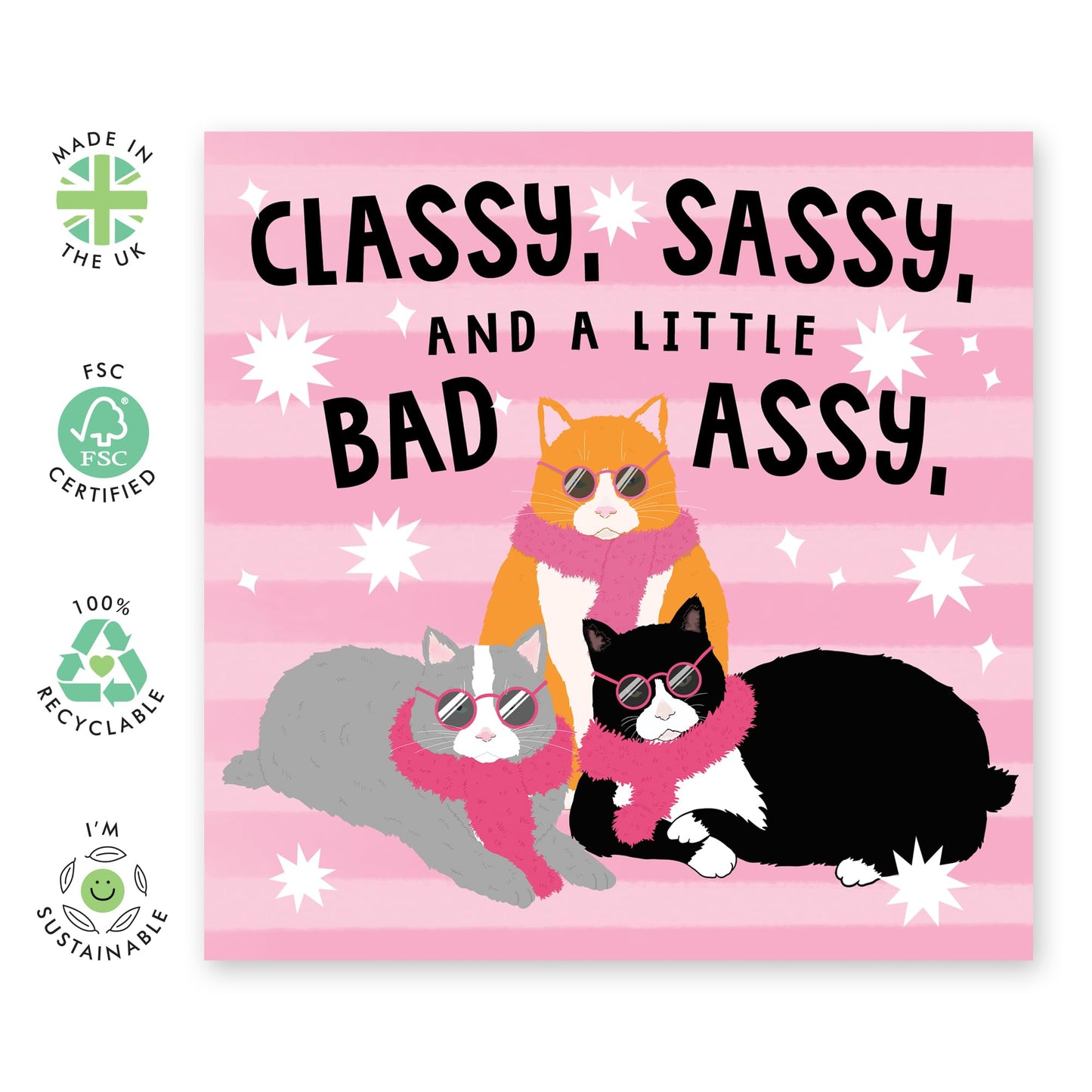 Funny Greeting Card - 'CLASSY, SASSY CATS' - Perfect for Adding a Touch of Elegance and Fun to Any Occasion - Ideal for Cat Lovers, Him, Her, Friends, Family - Comes With Stickers By Central 23