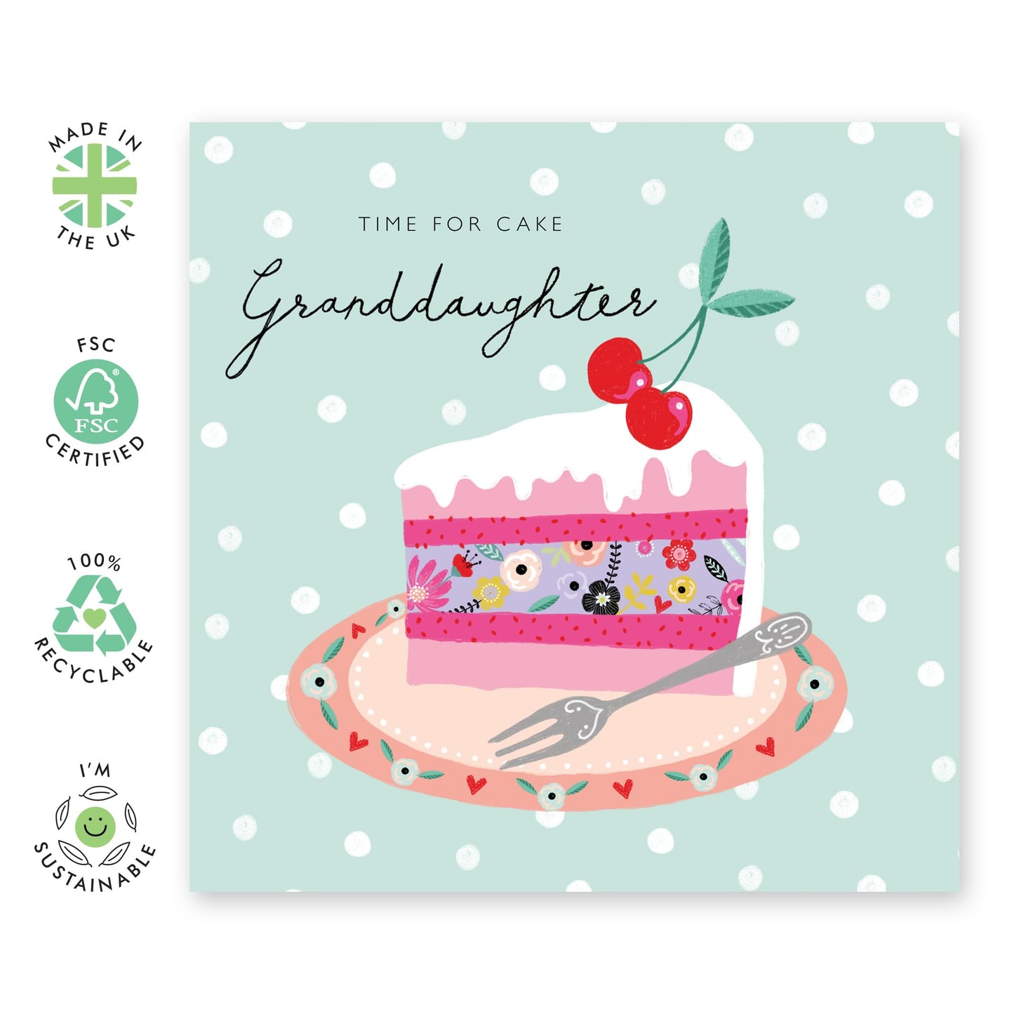 Granddaughter Birthday Cards For Her - Time For Cake - Trendy Birthday Cards For Girls Teenager - Granddaughter Gifts - Polka Dot Card For Women - Comes With Fun Stickers By Central 23