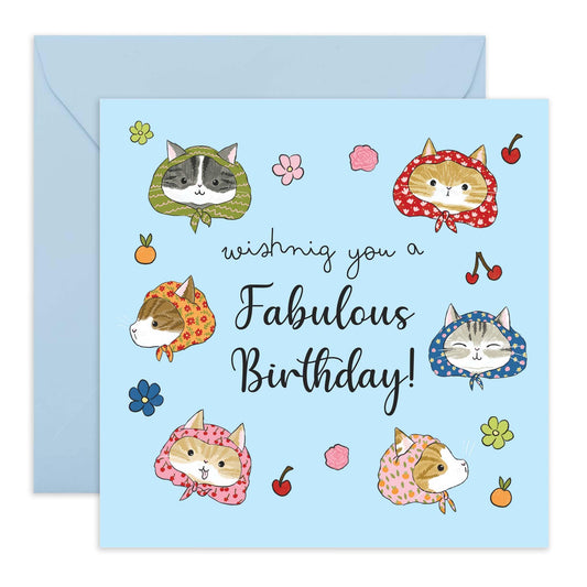 Cat Birthday Card - Fabulous Birthday - Cats Wearing Headscarf - Cute Birthday Cards For Women - Greeting Cards For Cat Mum Sister Niece Friends - Comes With Stickers - By Central 23