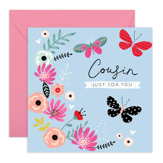 Flower Birthday Card For Cousins - Just For You - Butterfly Birthday Card For Her - Thank You Greeting Cards - Congratulations Floral Cards - Gift For Women - Comes With Stickers - By Central 23