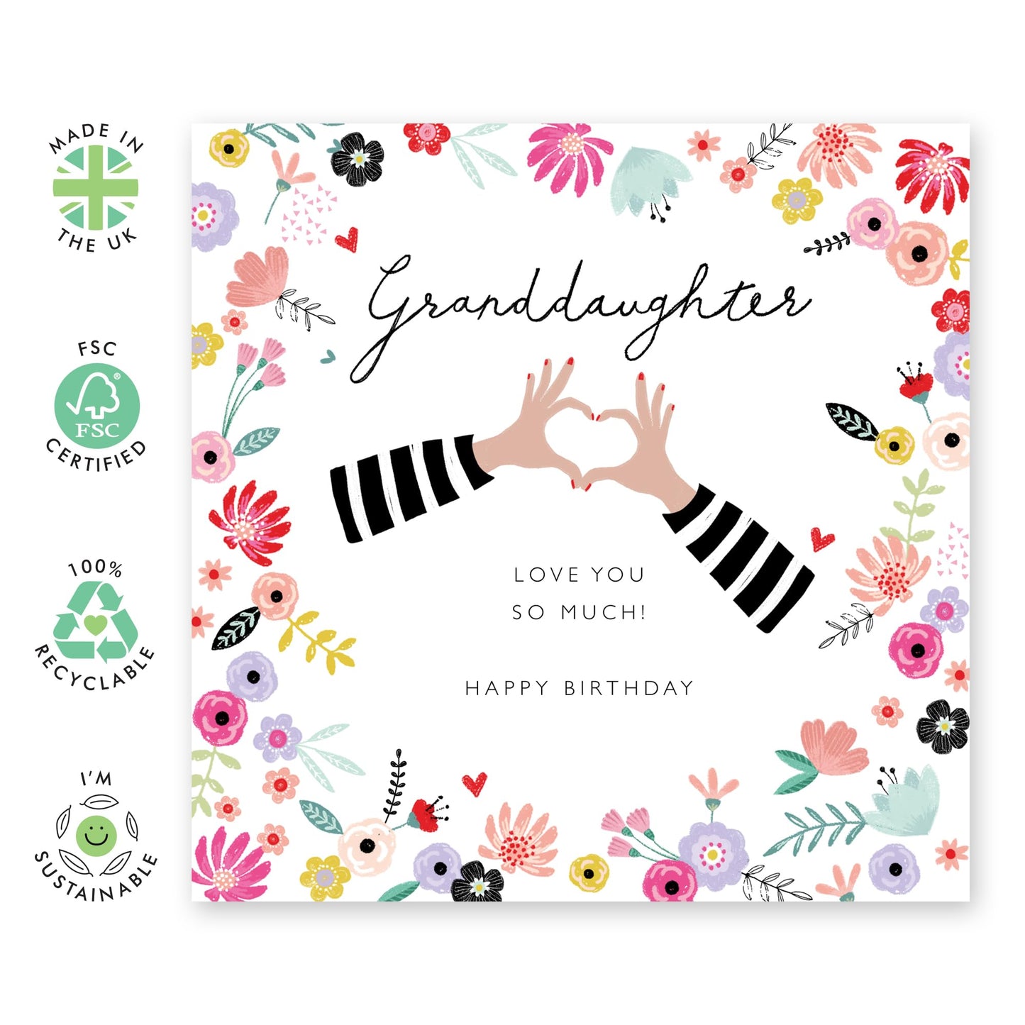 Granddaughter Birthday Card For Her - Heart Hands And Flower Cards - Floral Birthday Cards For Girls Teens - Granddaughter Gifts For Women - Comes With Fun Stickers By Central 23
