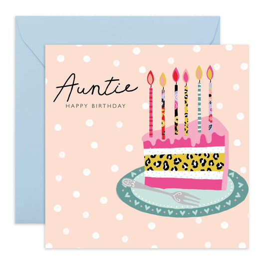 Auntie Birthday Card - Sweet Greeting Cards For Her - Pink Candles Cake Slice - Happy Birthday Aunty Bday Card - Heartfelt Gifts For Women Female Tia - Comes With Stickers By Central 23