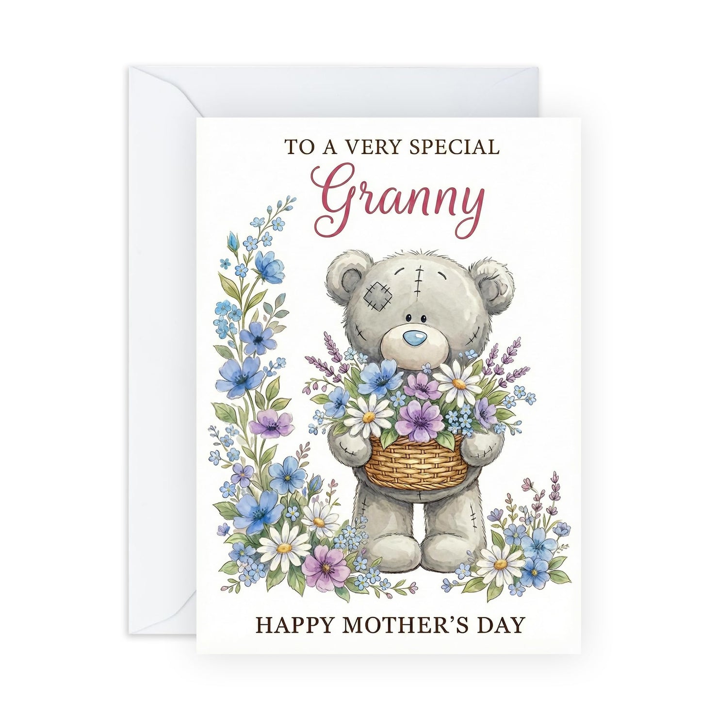Cute Mother’s Day Card – Granny Teddy Bear Floral Basket for Her Grandmother Grandma Her Women Seniors From Grandson Granddaughter – Blue Watercolour Keepsake Greeting -Comes with Stickers