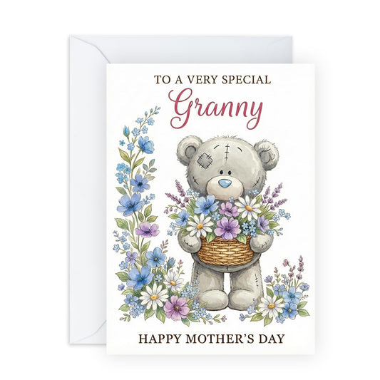 Cute Mother’s Day Card – Granny Teddy Bear Floral Basket for Her Grandmother Grandma Her Women Seniors From Grandson Granddaughter – Blue Watercolour Keepsake Greeting -Comes with Stickers
