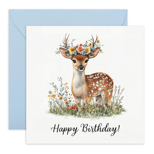 Cute Deer Birthday Card - 'Birthday Floral Deer' - Gifts for Her, Grandma, Mum, Wife, Girlfriend, Ladies, Sister, Auntie - Make A Wish - Comes with Fun Stickers