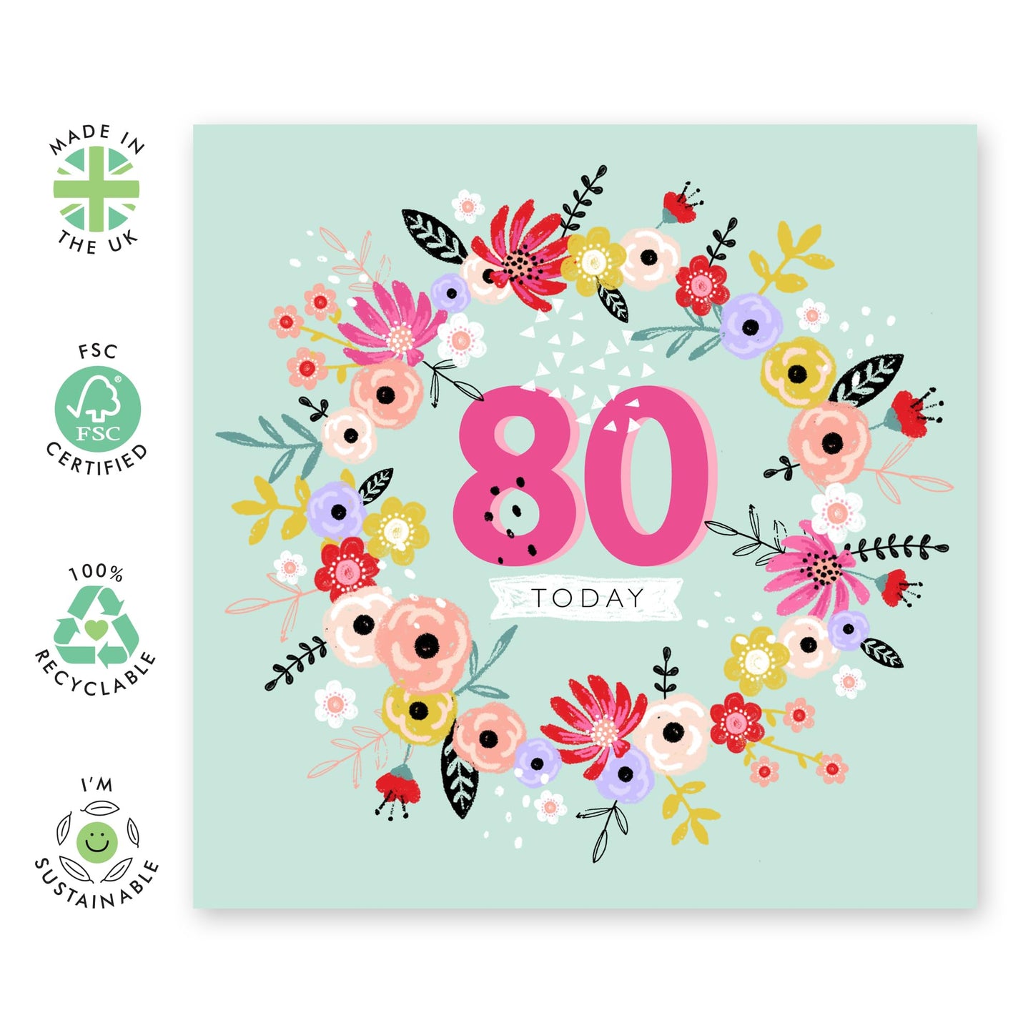 80th Birthday Card For Grandmother - 80th Floral Wreath - Happy Eightieth Birthday Card For Grandma - Floral Birthday Card - Gift From Granddaughter - Comes With Fun Stickers By Central 23