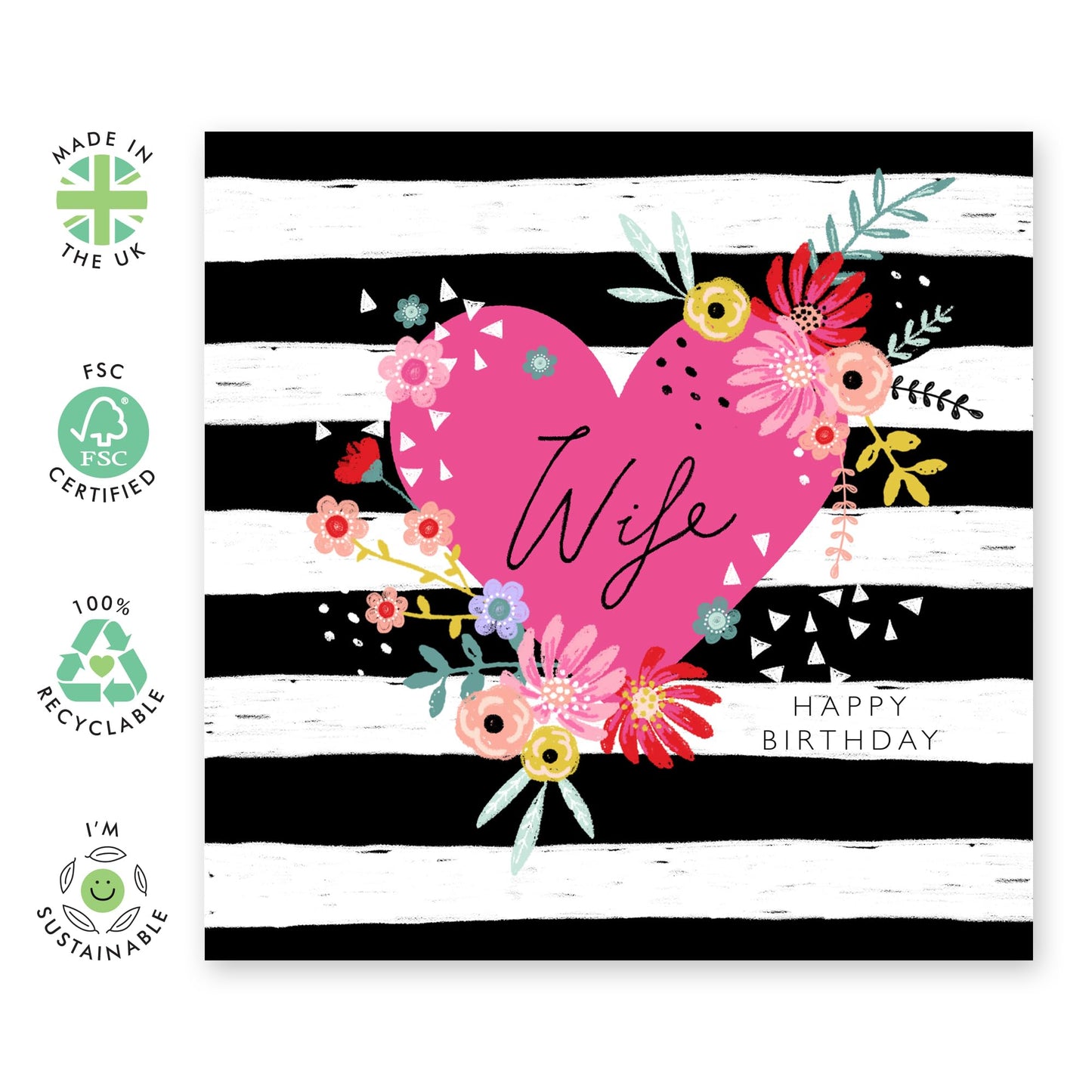 Wife Birthday Cards - Flower Card For Her - Hearts Floral Stripes - Happy Birthday Card For Wife From Husband - Wife Gifts For Women - Comes With Cute Stickers By Central 23