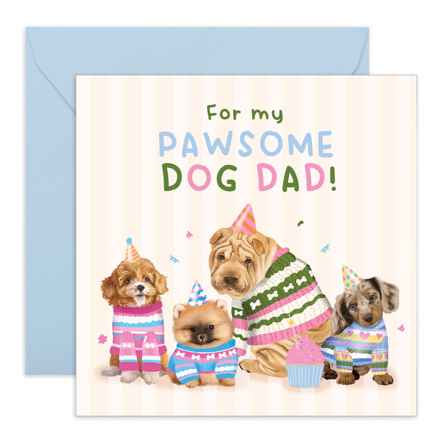 Adorable Dogs Birthday Card - 'Pawesome Dad' - Gifts for Fur Dads,Best Friend, BFF, Colleagues, Co-worker, Animal, Pet Lover, Bruv, Mate - Bday Hats - Comes with Fun Stickers