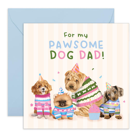 Adorable Dogs Birthday Card - 'Pawesome Dad' - Gifts for Fur Dads,Best Friend, BFF, Colleagues, Co-worker, Animal, Pet Lover, Bruv, Mate - Bday Hats - Comes with Fun Stickers