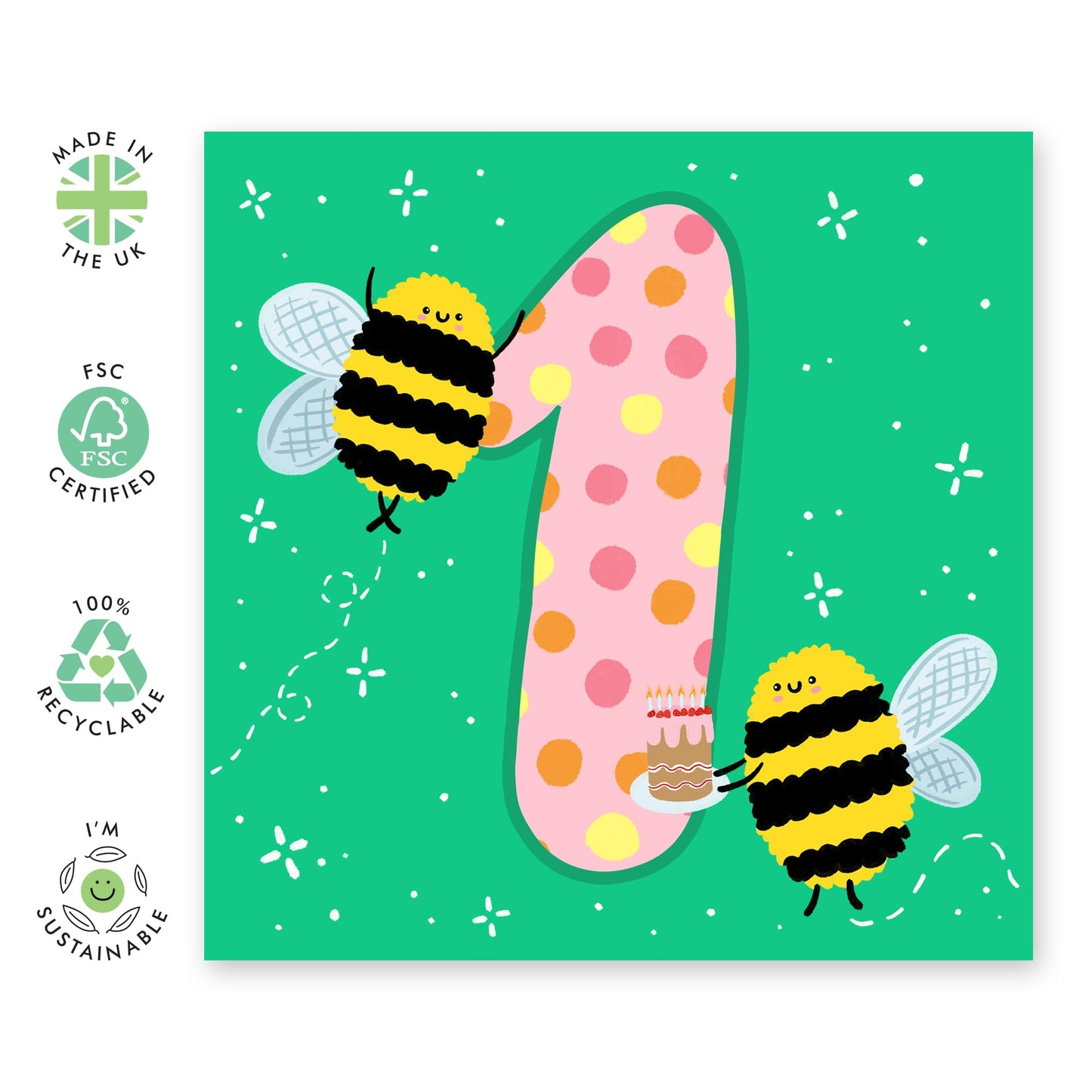 First Birthday Card Girl Boy - Happy Birthday Cards For Kids One Year Old - 1st Birthday Card For Son - Baby Milestone Age Cards Green - Bee Gifts For Daughter - Comes With Stickers By Central 23