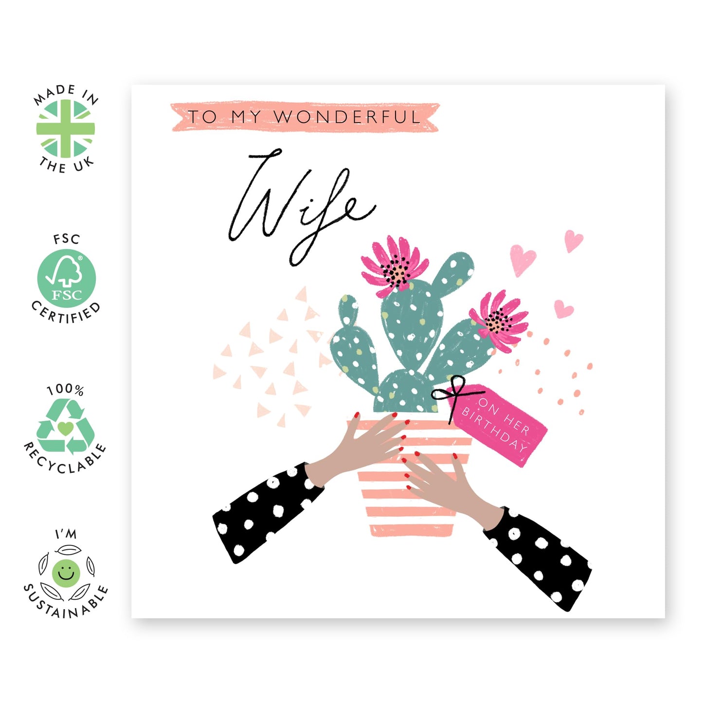 Happy Birthday Card For Wife - To A Wonderful Wife - Cactus Wife Birthday Cards For Women - Sweet Elegant Heartfelt Wife Gifts For Her - Comes With Cute Stickers By Central 23