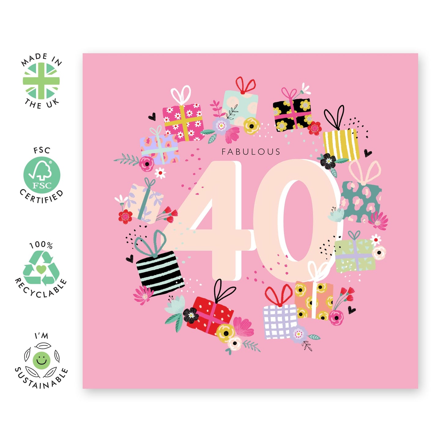 Elegant Birthday Card For Women Age 40 - 40 Birthday Balloon Wreath - Happy 40th Birthday Cards For Sister - Floral Bday Cards - Gifts For Wife Mum Mummy Aunt - Comes With Stickers By Central 23