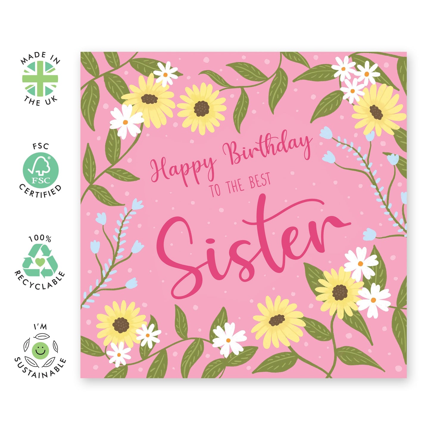 Sweet Birthday Card - 'Birthday Sister' - Cute Gifts for Sis, Sibling, Sistah, Family - Pink and Flowers - Comes with Fun Stickers