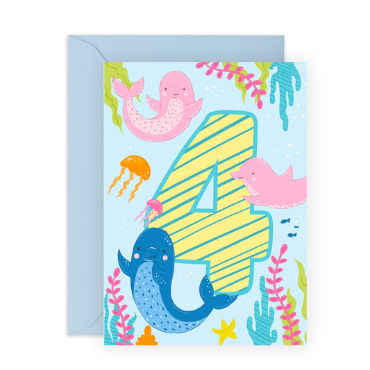 4th Birthday Card Girl Boy - Cute Dolphins Pink Blue Green - Fourth Birthday Card - Milestone Kids Age Card - Four Year Old Gifts For Toddler - Comes With Fun Stickers By Central 23