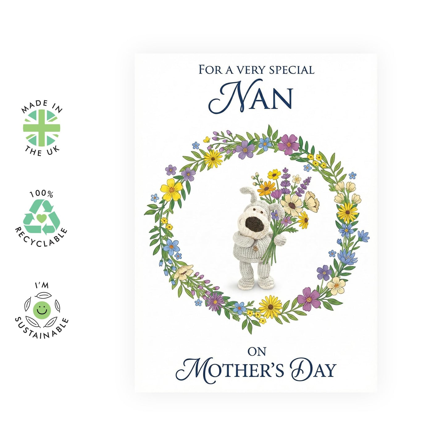 Mother’s Day Card for Nan - ‘For a Very Special Nan’ Floral Greeting Card - Cute Puppy & Flower Wreath Design - Thoughtful Keepsake for Nanna - Made in UK - Includes Premium White Envelope