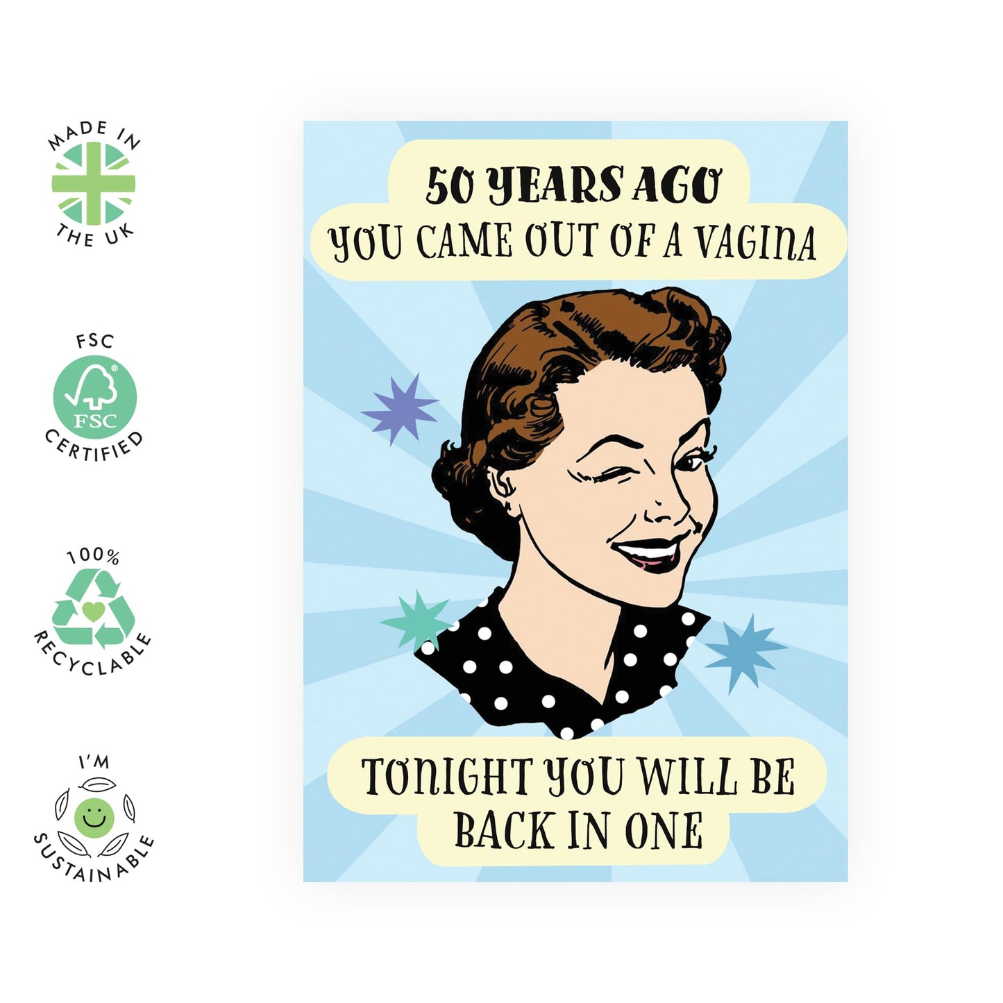 50th Birthday Card For Men Women - 50 Years Ago You Came Out Of A Vagina Vintage - Wife Husband - Happy Fiftieth Birthday Greeting Card Male Female Friends - Comes With Fun Stickers - By Central 23