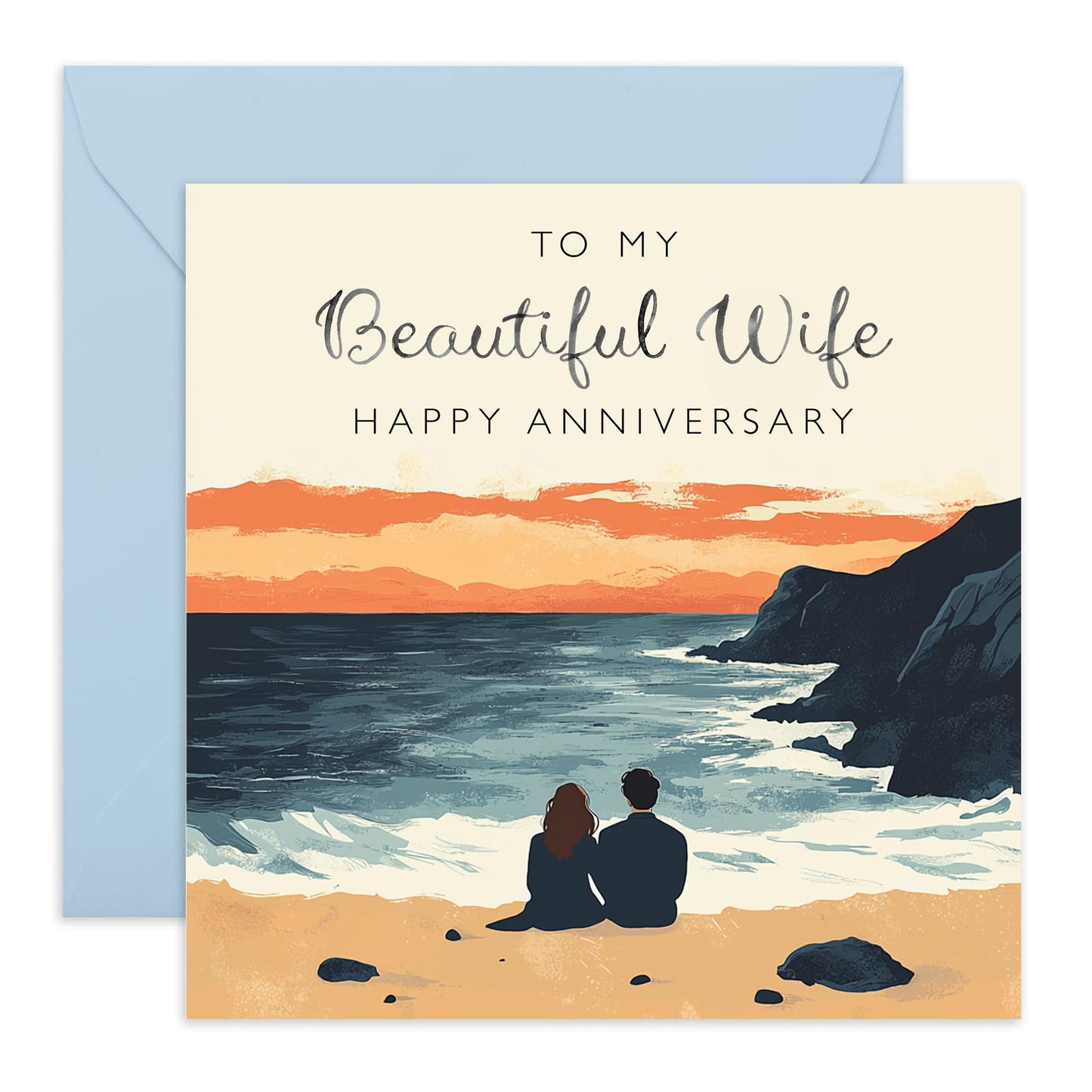 Seaside Anniversary Card for Her - 'Beautiful Wife' - Gifts for Spouse, Babe, Darling, Ladies, Women, Other Half - By The Beach - Comes with Fun Stickers