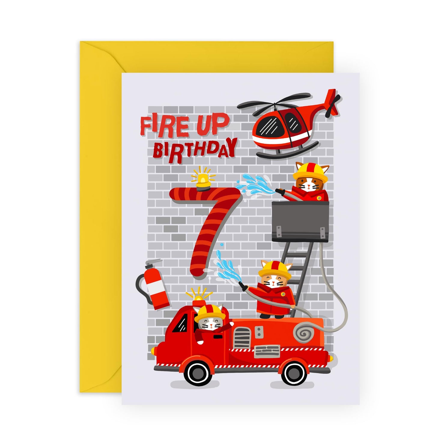 7th Birthday Card For Kids - Happy Seventh Birthday - Fire Engine Helicopter - 7 Year Old Birthday Card For Boy - Age Seven - Gifts For Son Grandson Brother - Comes With Stickers - By Central 23