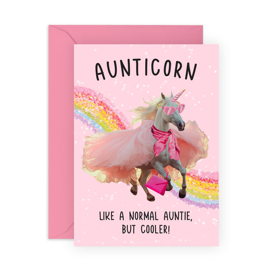 Aunticorn Birthday Card – ‘Like a Normal Auntie, But Cooler’ Unicorn – Fun Card for Aunt, Her, Women, Ladies from Niece or Nephew - For Saying Thank You - Comes with Stickers