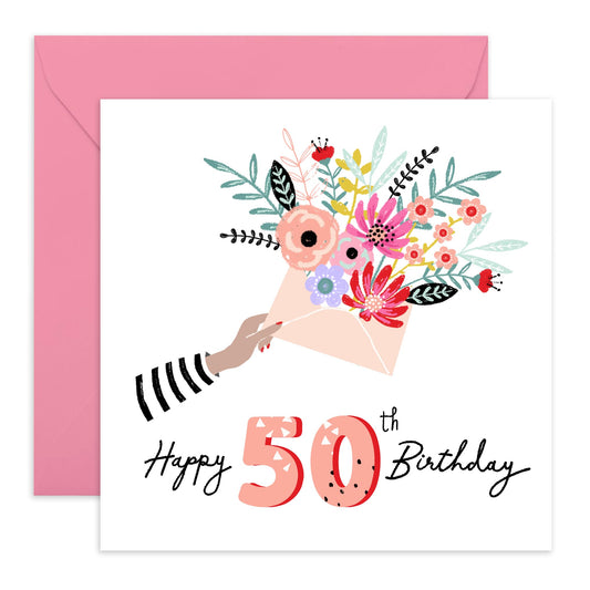 Floral Birthday Card For Women Age 50 - 50th Floral Envelope - Happy 50th Birthday Cards For Mum Mummy Wife - Gifts For Friends Aunt Auntie - From Son Daughter - Comes With Fun Stickers By Central 23
