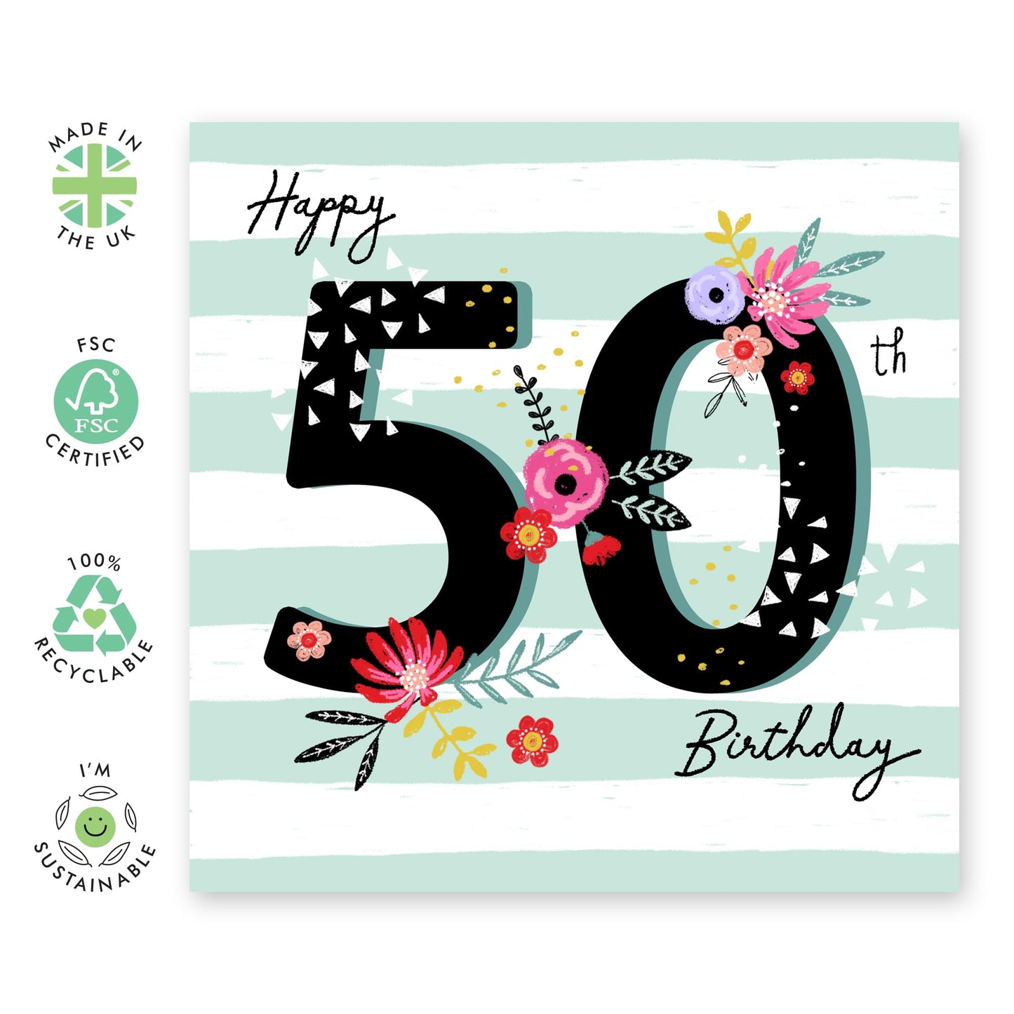 Birthday Card For Women Age 50 - 50th Birthday Floral Striped Background - Happy 50th Birthday Cards For Mum - Gift For Friends Aunt Auntie - From Son Daughter - Comes With Fun Stickers By Central 23