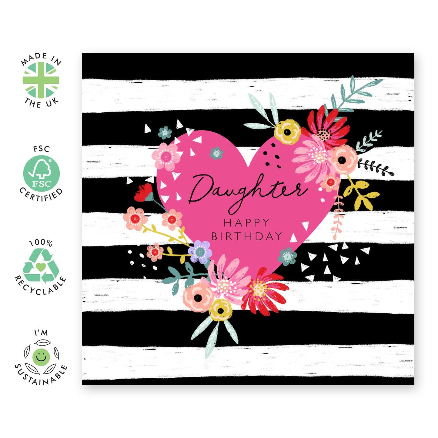 Birthday Card For Daughter - Hearts Flowers Stripes - Happy Bday Cards And Envelopes For Women - Love Cards For Her - Gifts For Girls Female Daughters - Comes With Stickers By Central 23