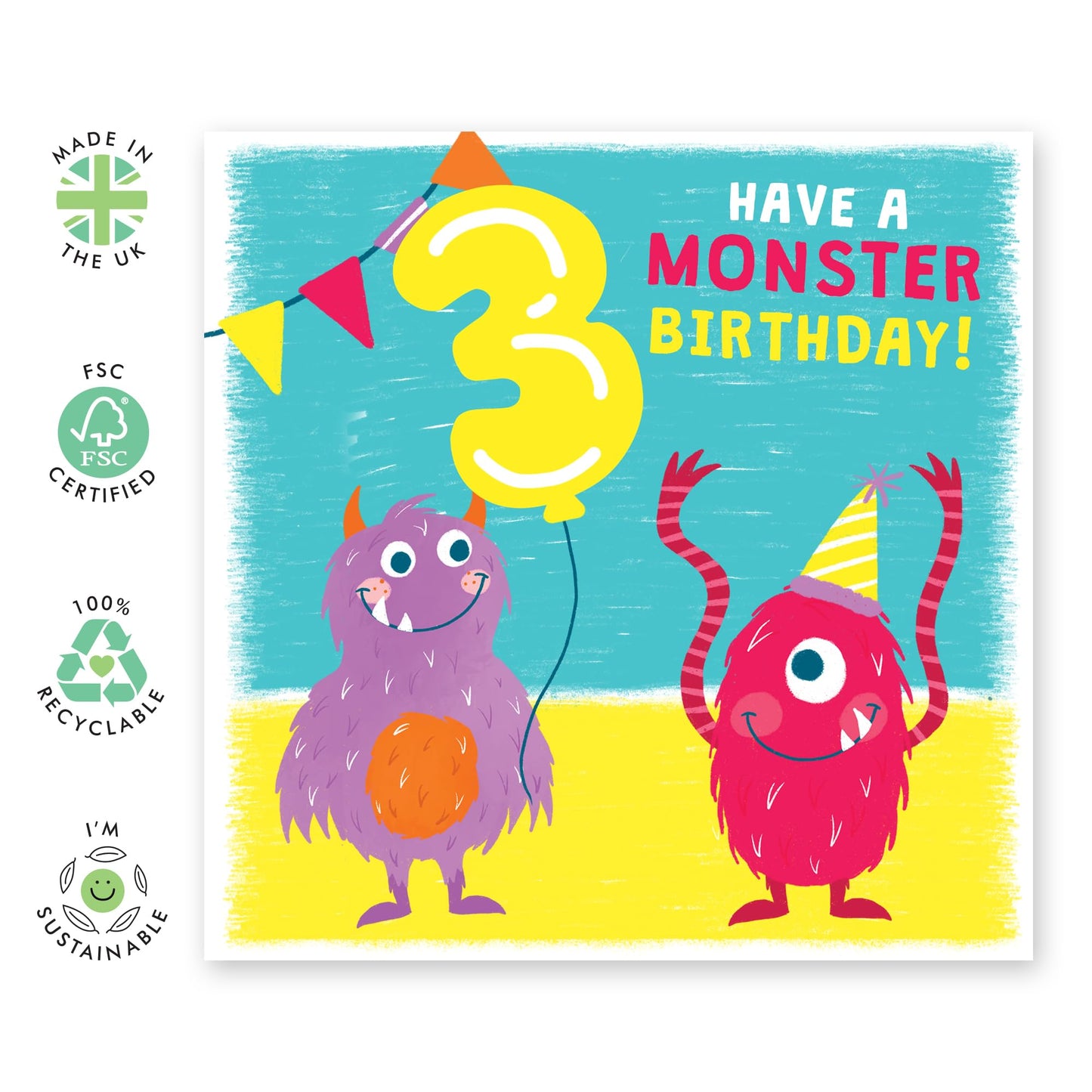 3rd Birthday Card Boy Girls - Party Monsters - Happy Birthday Card For Kids - Third Bday Milestone Gifts For Son Daughter Nephew Niece Grandson - Age Three - Comes With Stickers By Central 23