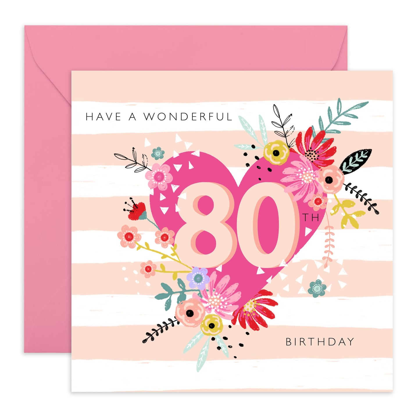 80th Birthday Card For Women - 80th Floral Heart - Grandmother Birthday Greeting Card - Floral Birthday Card - Happy Eightieth Birthday Card Grandma - Comes With Fun Stickers By Central 23