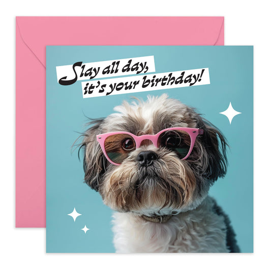 Cute Dog Saying Happy Birthday Card - 'Slay All Day' - For your Wife, Girlfriend, Bestfriend, BFF & Workmate - Let's get it on girl - Comes with Fun Stickers