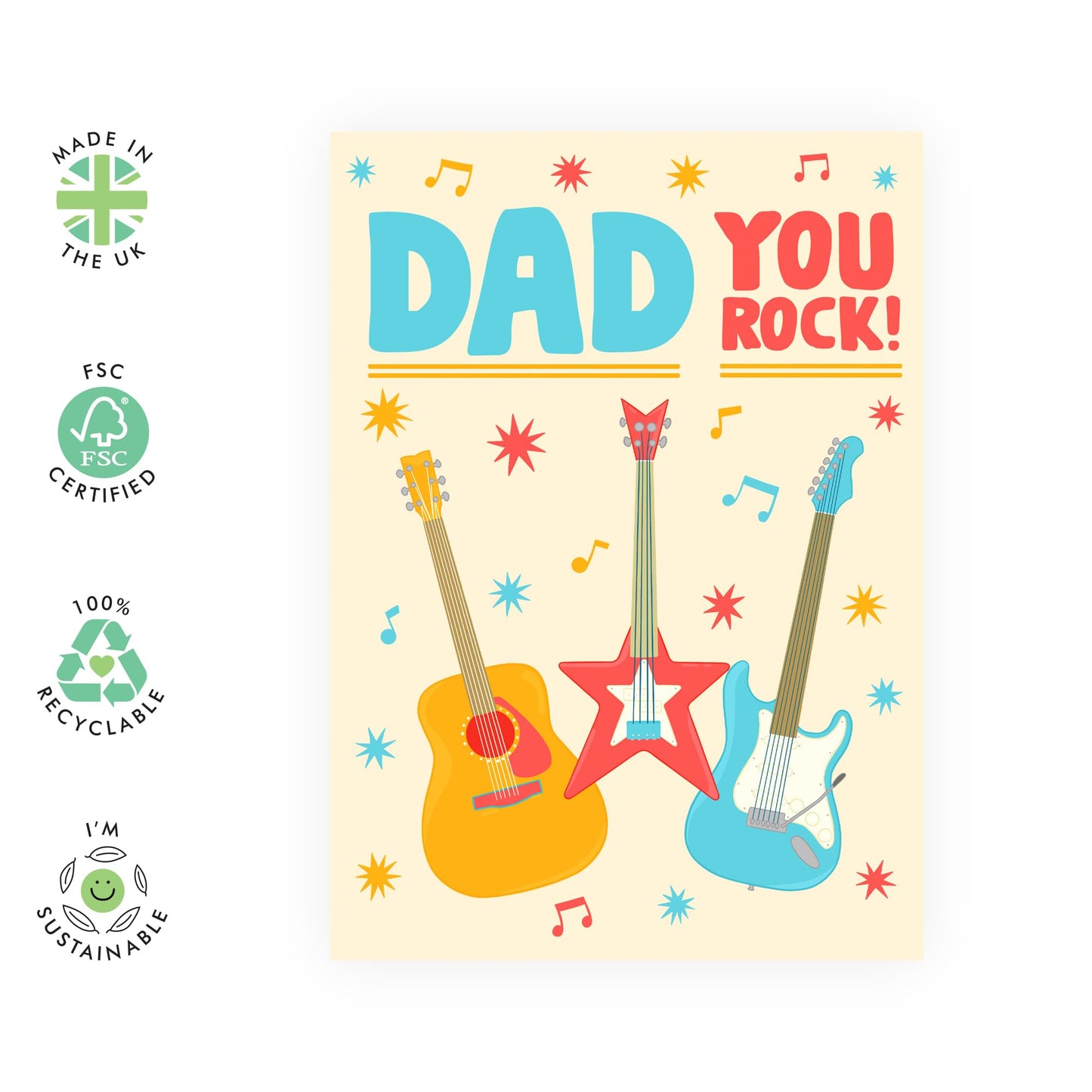 Birthday Card For Men - Dad You Rock Guitars - Funny Fathers Day Cards For Dad Uncle - Greeting Cards From Son Daughter - Gifts For Him - Comes With Fun Stickers By Central 23