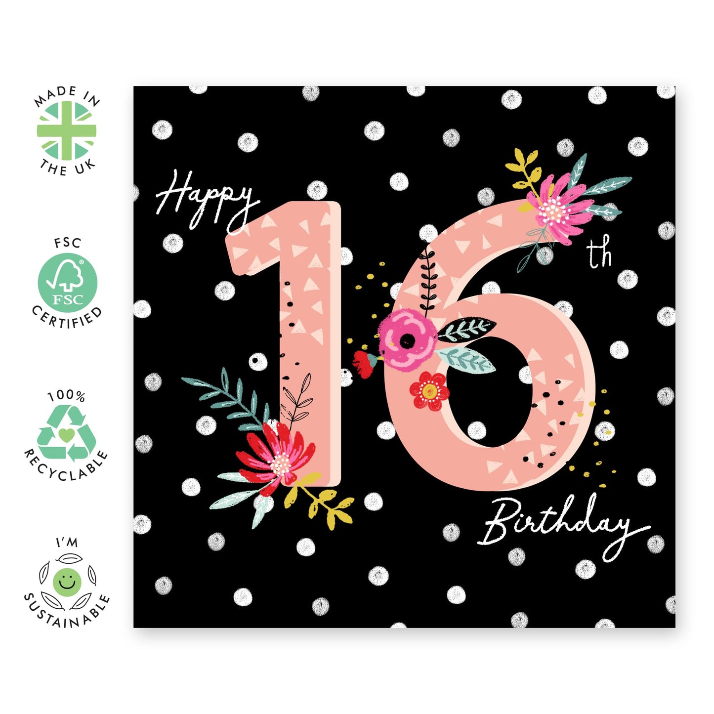 16th Birthday Cards For Kids - Happy 16th Birthday Black Floral - Girl Birthday Card Sixteen Year Old - Happy Birthday Card For Daughter Granddaughter Niece - Comes With Stickers By Central 23