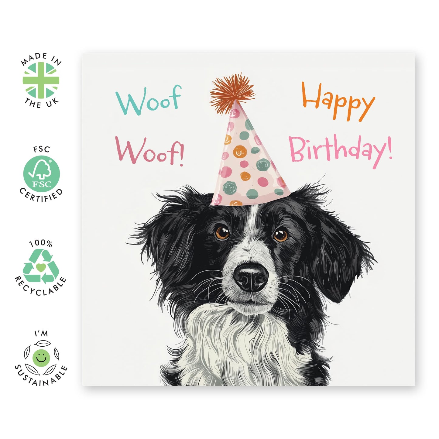 Pet Greeting Birthday Card - 'Woof Woof Birthday Dog' - Gifts for Fur Dad & Mum, Best Friends, Dog Owners, Pet Lovers, Co-worker, Mates, Bruv - Party Hat - Comes with Fun Stickers
