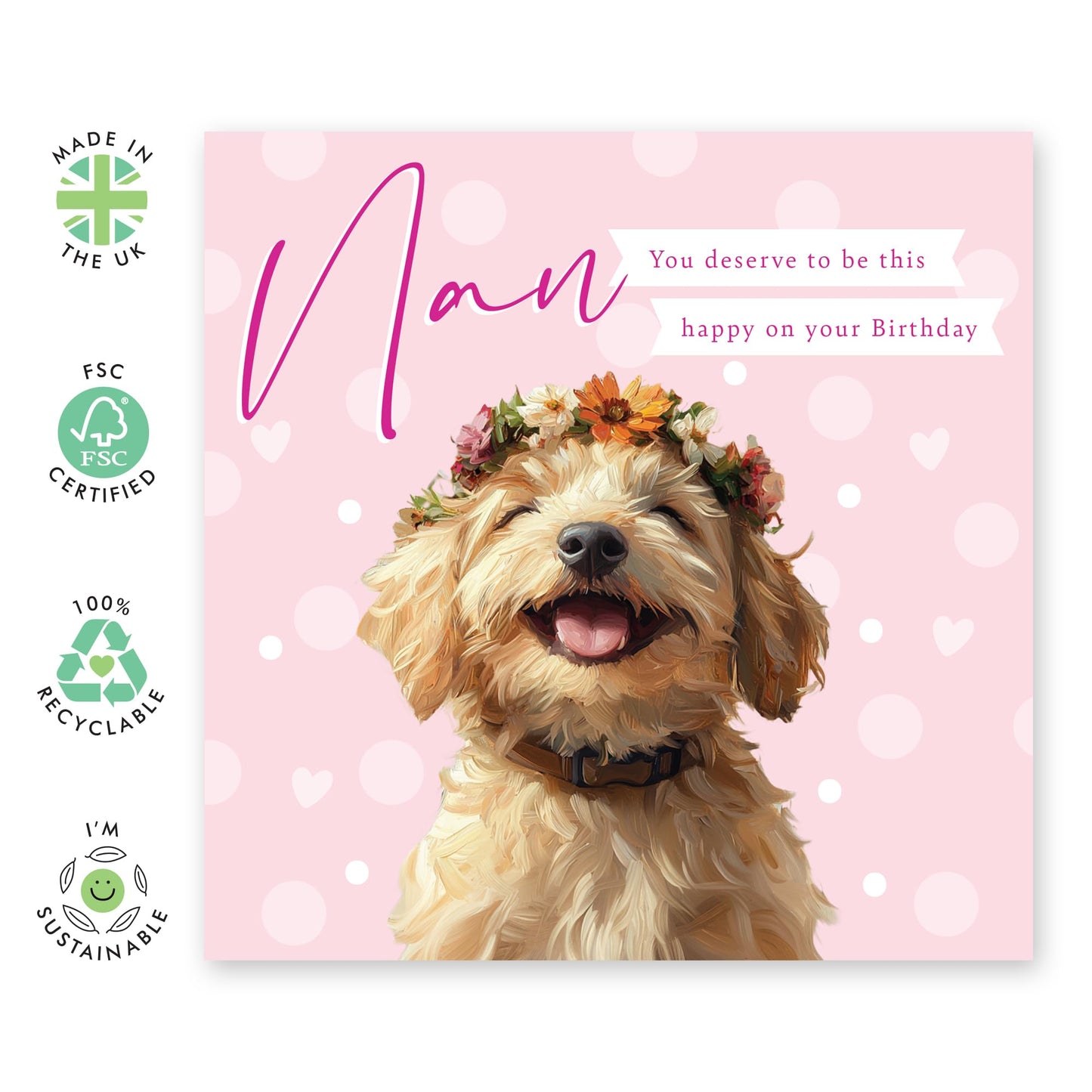 Smiling Pet Birthday Card - 'Hope You're This Happy Dog Nan' - Gifts for Grandma, Grandmother, Nana, Mimi, Grandmum, Family, Grandparents, Fur Mum - Floral and Dog - Comes with Fun Stickers