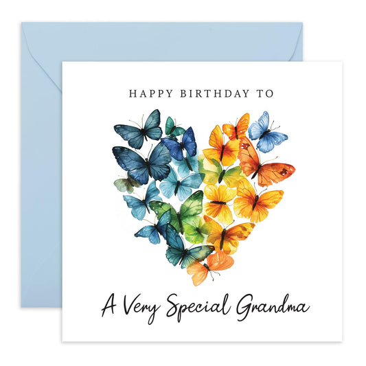 Cute Birthday Card - 'Grandma Birthday Butterfly' - Presents for Mimi, Nana, Grandmam, Grandmum, Grandmother, Grandma - Heart Shaped - Comes with Fun Stickers