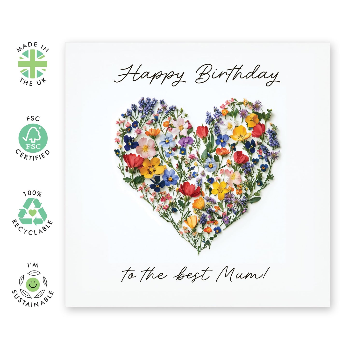 Flowers Birthday Card - 'Birthday Best Mum' - Gifts for Mother, Mammy, In-Law, Step Mum, Mam, Family - Heart Shape - Comes with Fun Stickers