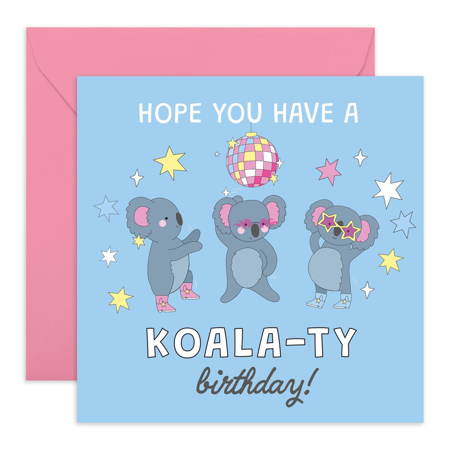 Cute and Fun Disco Birthday Card – 'Koala-Ty' – Presents for Colleague, Friend, Him, Her, Bestie, BFF, Neighbour, Cousin, Brother, Sister - Koala Party Dancing - Comes with Stickers