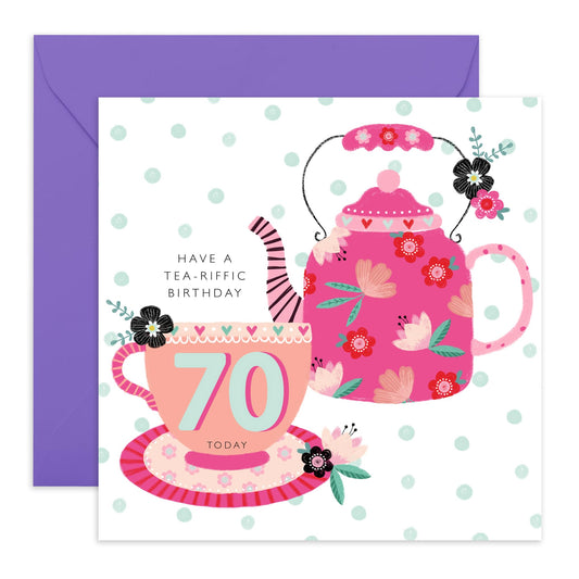 Floral Birthday Card For Women - 70th Birthday Gift For Female - Have A Tea-riffic Birthday - Elegant Greeting Cards For Her - Comes With Stickers - By Central 23