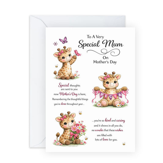 Cute Mother’s Day Card – Baby Giraffe, Butterfly Design for Mama Mums Mummy Her Wife Ladies Women from Family Son Daughter - Thank You, Kind and Caring -Comes with Sweet Stickers
