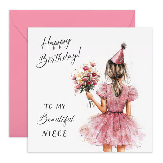 Girl In Dress Birthday Card - 'To My Beautiful Niece' - Gifts for Girls, Teenagers, Teens, Her, Ladies, Family, Relatives, From Uncle or Auntie - Growing Up - Comes with Fun Stickers