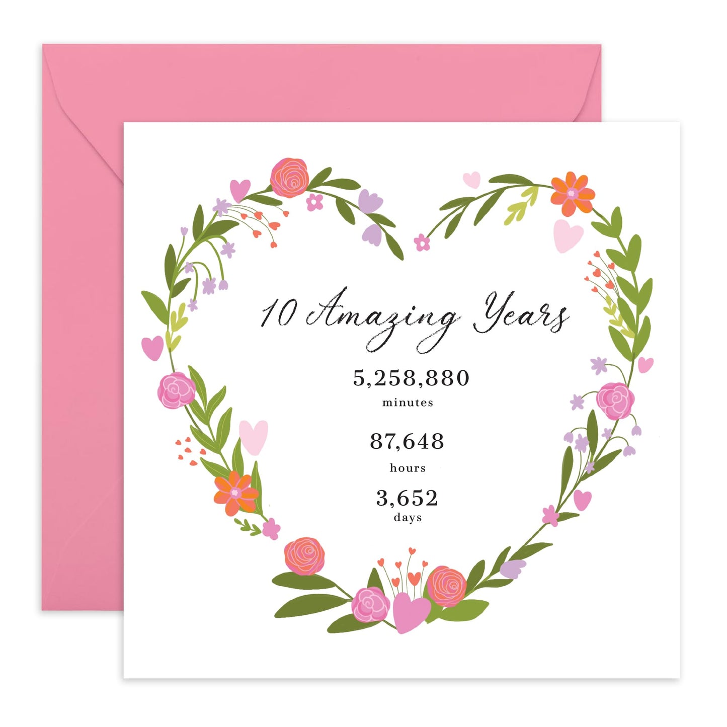 Anniversary Greeting Card - '10 YEARS 5,258,880 MINS' - Perfect for Celebrating a Milestone - Ideal for Showing Love Appreciation and Reflection to Your Special Day - Comes With Stickers By Central 23