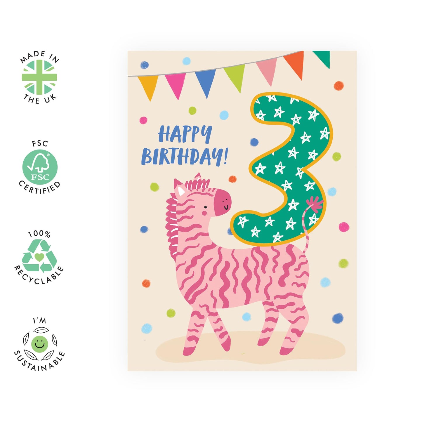 3rd Birthday Cards For Girls Boys - Party Zebra Three Year Old - Happy Third Birthday Cards For Kids Baby Toddlers - Gifts For Godson Granddaughter Niece - Comes With Cute Stickers By Central 23
