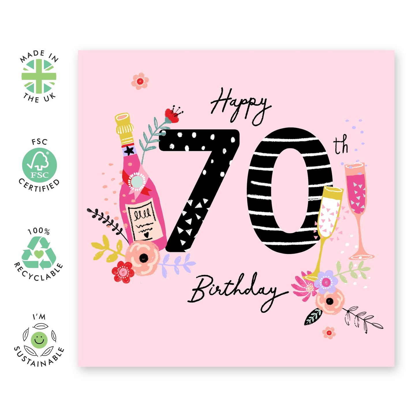 70th Birthday Card - Champagne - Pink Greeting Cards For Birthday Girl 70 Year Old - Birthday Gifts For Her - Age Seventy - Comes With Stickers - By Central 23