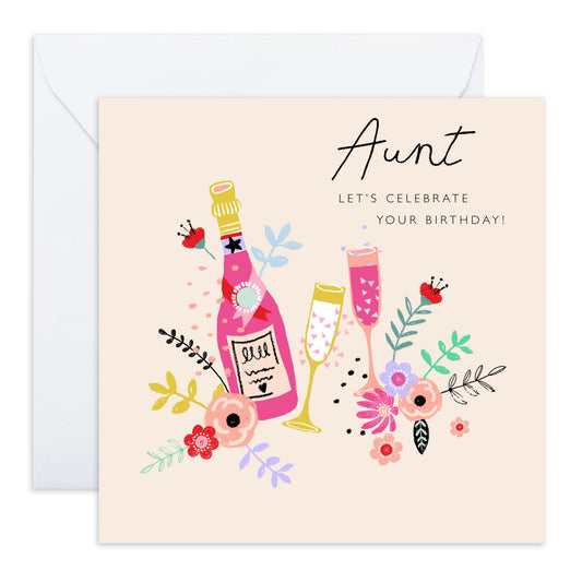 Birthday Card For Aunt - Aunt Champagne Celebrate - Happy Birthday Aunty Greeting Card - Gift From Niece Nephew - Heartfelt Gifts Women Tia - Comes With Fun Stickers - By Central 23